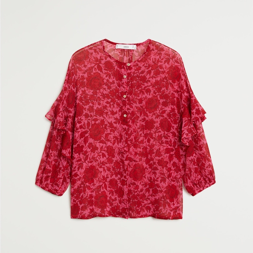 Mango| Chic Round Neck Ruffle 3/4
Sleeve Pink Floral Print Chiffon Blouse Size 6